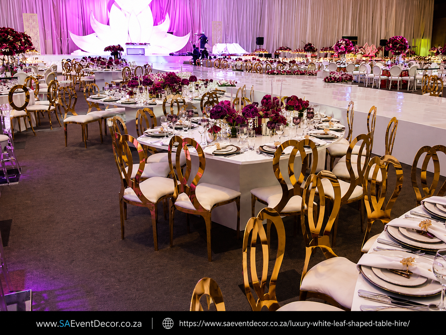 Luxury White Leaf Shaped Table Hire SA event decor Sandton Convention Centre Gold Chairs Luxury White Leaf Shaped Table Hire SA event decor Sandton Convention Centre Gold Chairs