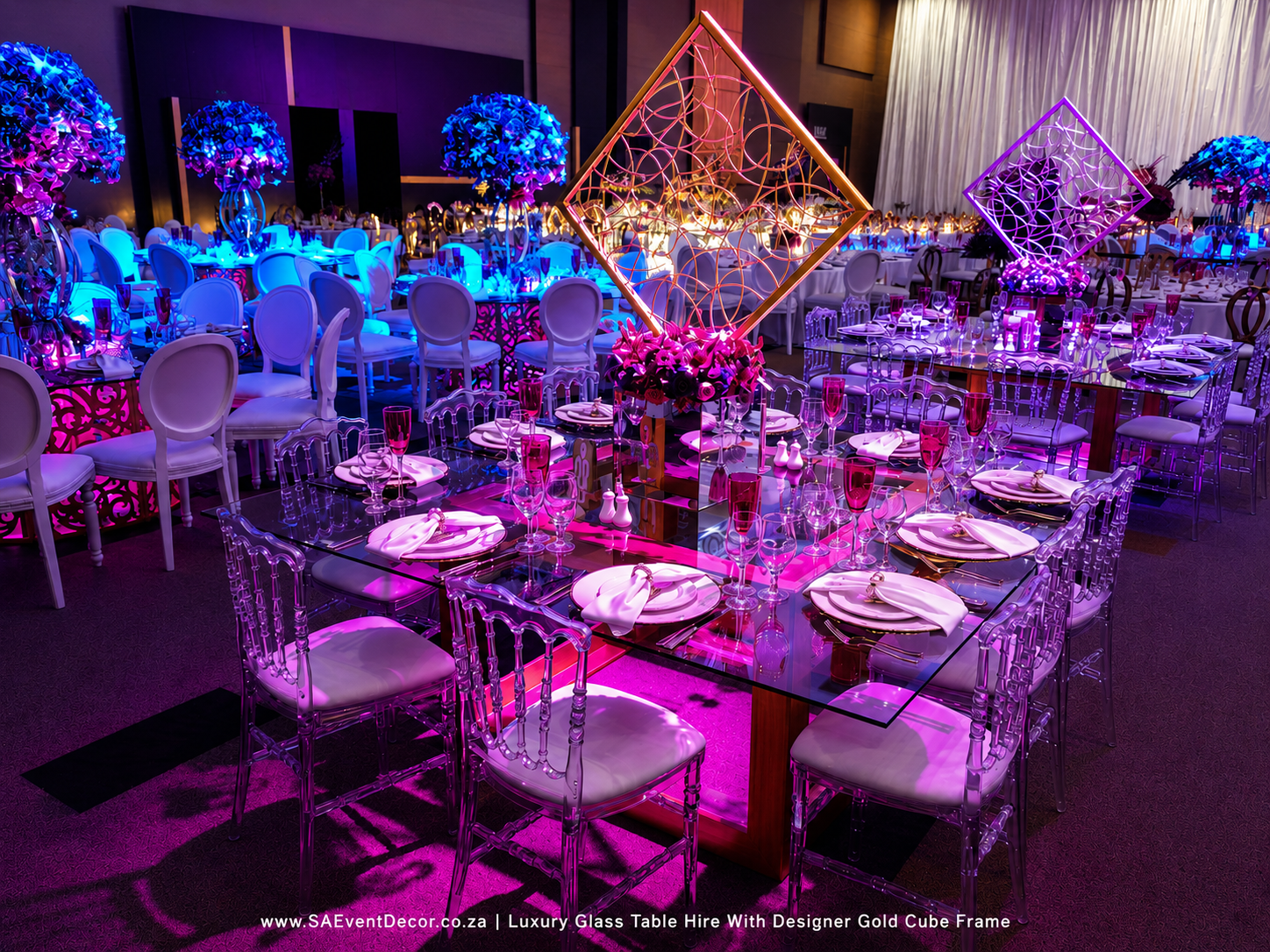 SA Event Decor Luxury Glass Table Hire with Designer Gold Cube Frame Sandton Convention Centre Event with centre piece