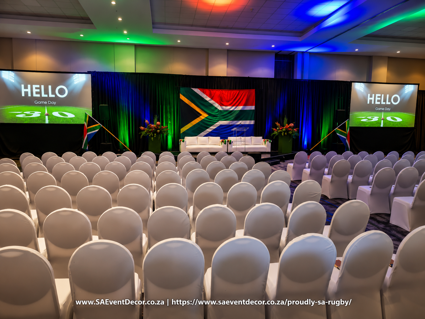 South African Rugby Themed Conference Decor by SA Event Decor at the Indaba Hotel Spa Conference Centre stage view