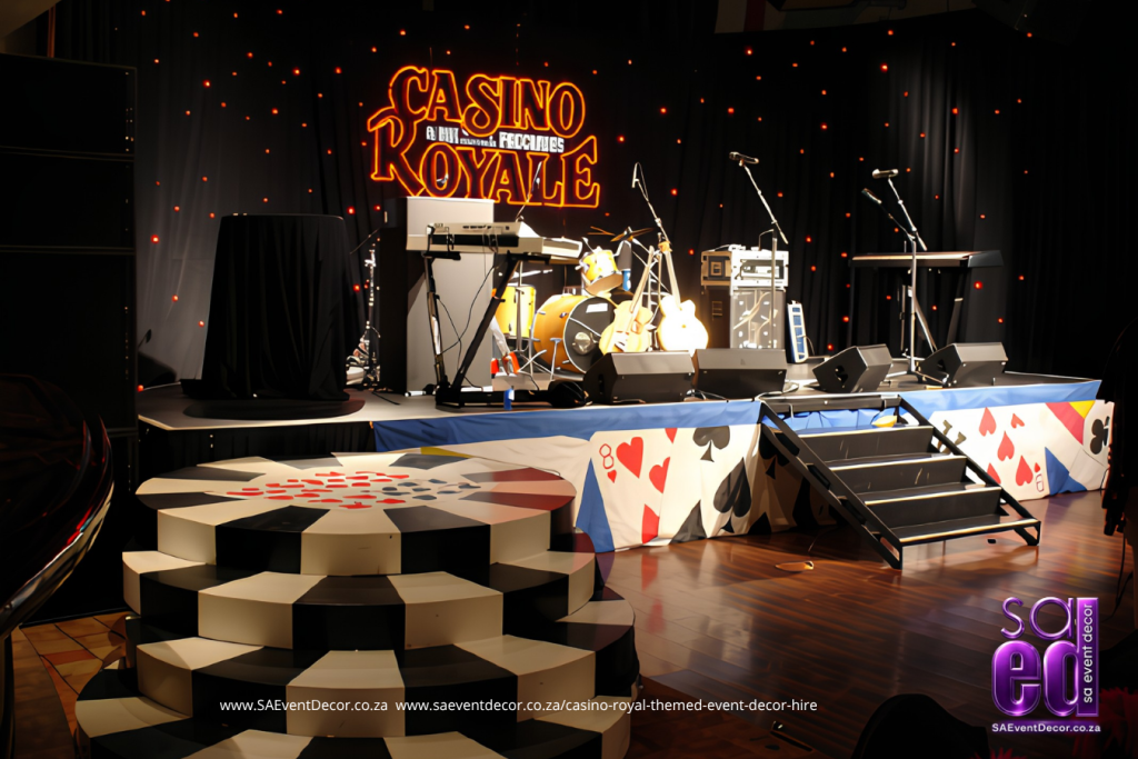 Casino Royale themed stage paired with chip stairs designed by SA Event Decor 1