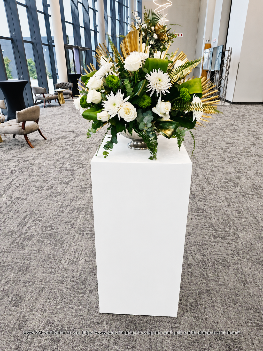 Proudly South African Green and Gold Event Decor SA Event Decor Radisson Hotel Convention Centre Plinth in the foyer area