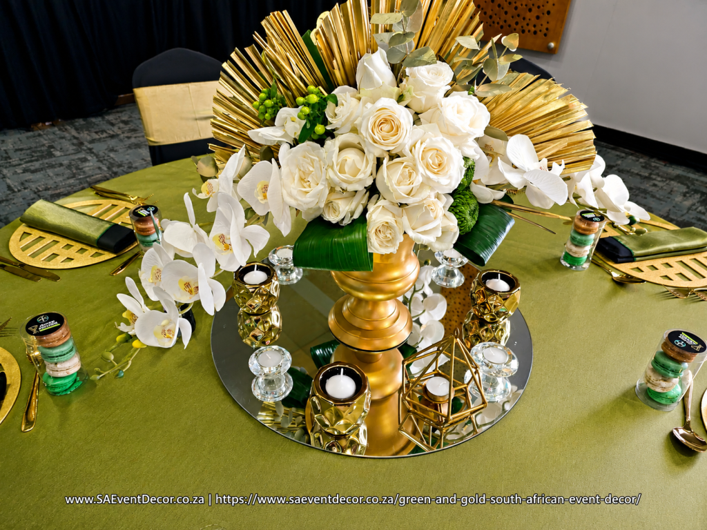 Proudly South African Green and Gold Event Decor SA Event Decor Radisson Hotel Convention Centre geometric underplates centre piece