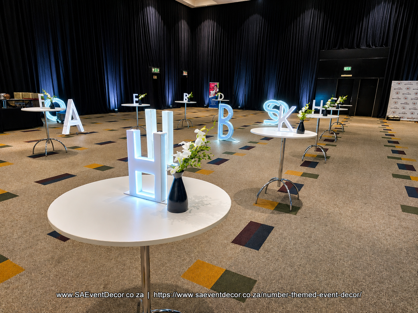 Number Themed Event Decor SA Event Decor LED high gloss tables at Sandton Convention Centre Cocktail table Hire