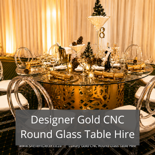 Designer Gold CNC Round Glass Table Hire feature Designer Gold CNC Round Glass Table Hire feature
