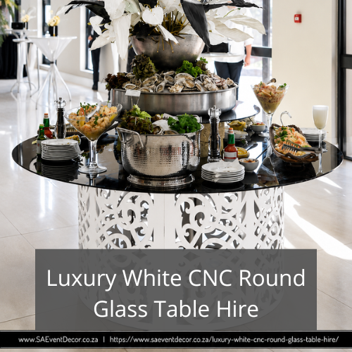 Luxury White CNC Round Glass Table HireFeatured Image Luxury White CNC Round Glass Table HireFeatured Image