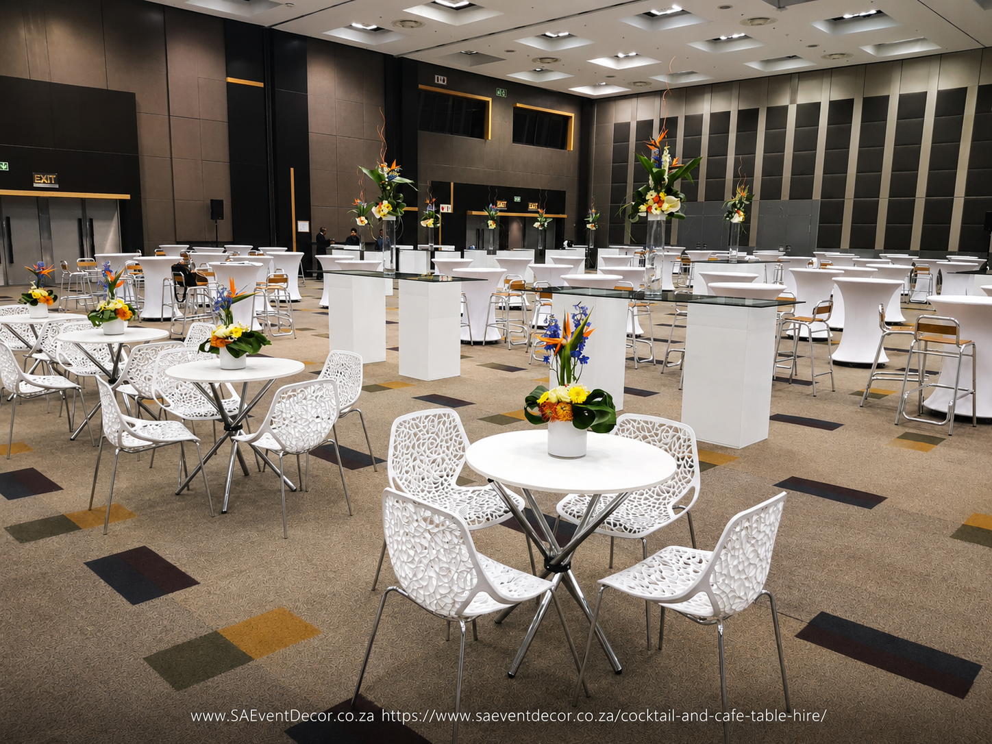 Cocktail and Cafe Table Hire for Corporate Events SA Event Decor at Snadton Convention Centre All White Themed Cocktail Event 1