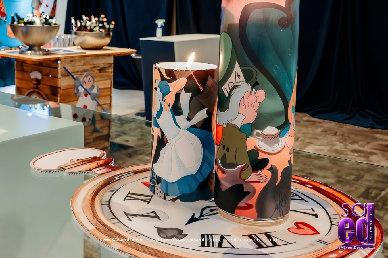Event Decor Centrepieces & Gala Dinner Table Décor 8 Alice in Wonderland Pillar candles stopwatch SA Event Decor 3