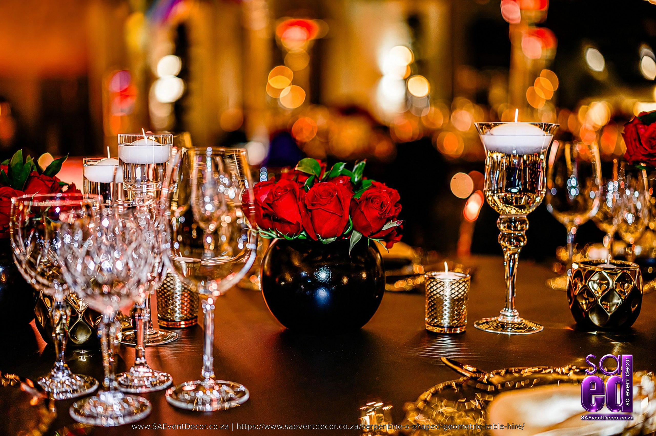 Event Decor Centrepieces & Gala Dinner Table Décor 1 Blue Hill Equestrian Estate S Shaped Serpentine Geometric Table Hire SA Event Decor red rose centre piece scaled