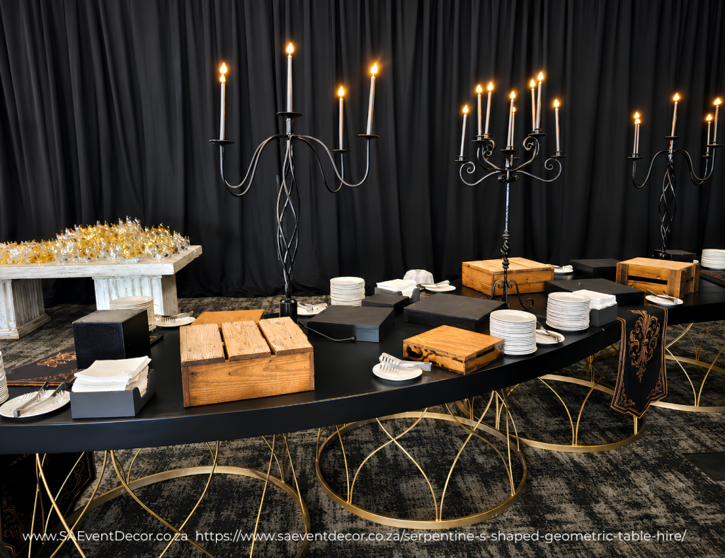 BLACK, GOLD & RED: A PRIVATE CELEBRATION AT BLUE HILLS EQUESTRIAN ESTATE 1 www.SAEventDecor.co .za httpswww.saeventdecor.co .zaserpentine s shaped geometric table hire