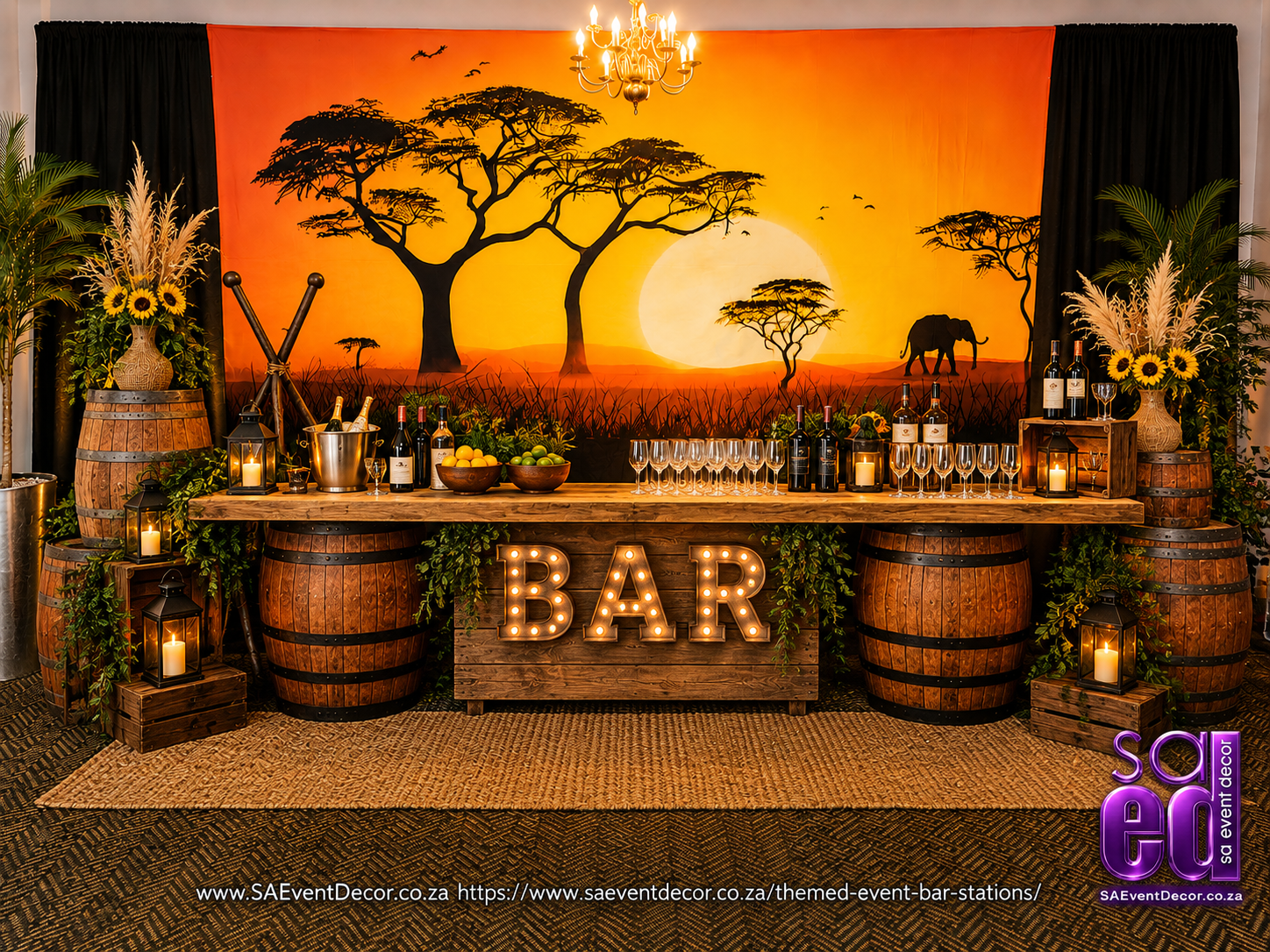 Themed Bar Stations 1 African Themed bar section with LED rope light sign by SA Event Decor