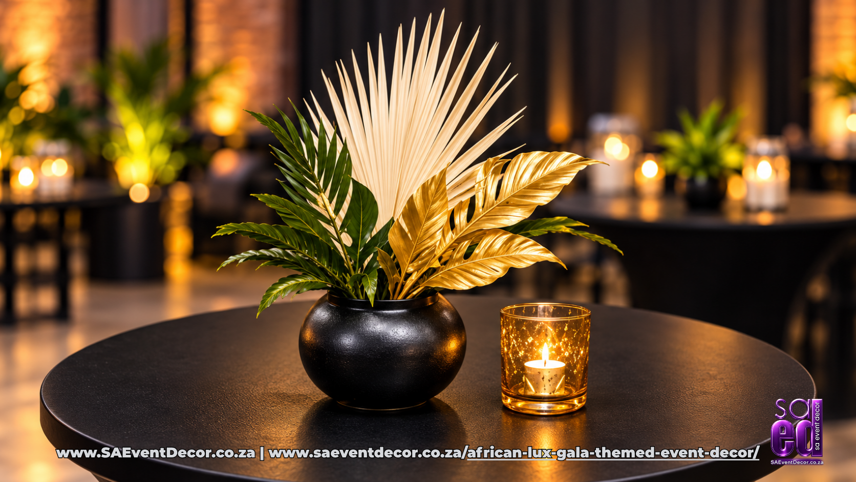Year End Function Packages 5 African lux gala themed event decor gold palm centerpiece by SA Event Decor