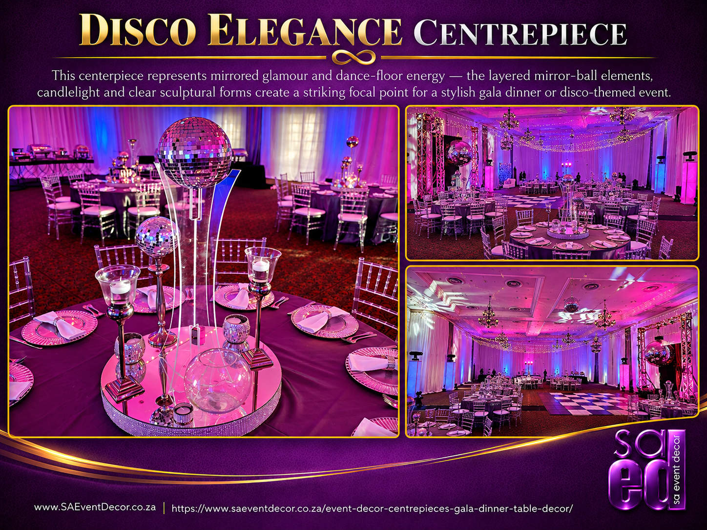 Event Decor Centrepieces & Gala Dinner Table Décor 32 Disco elegance themed event decor centre pieces from SA Event Decor