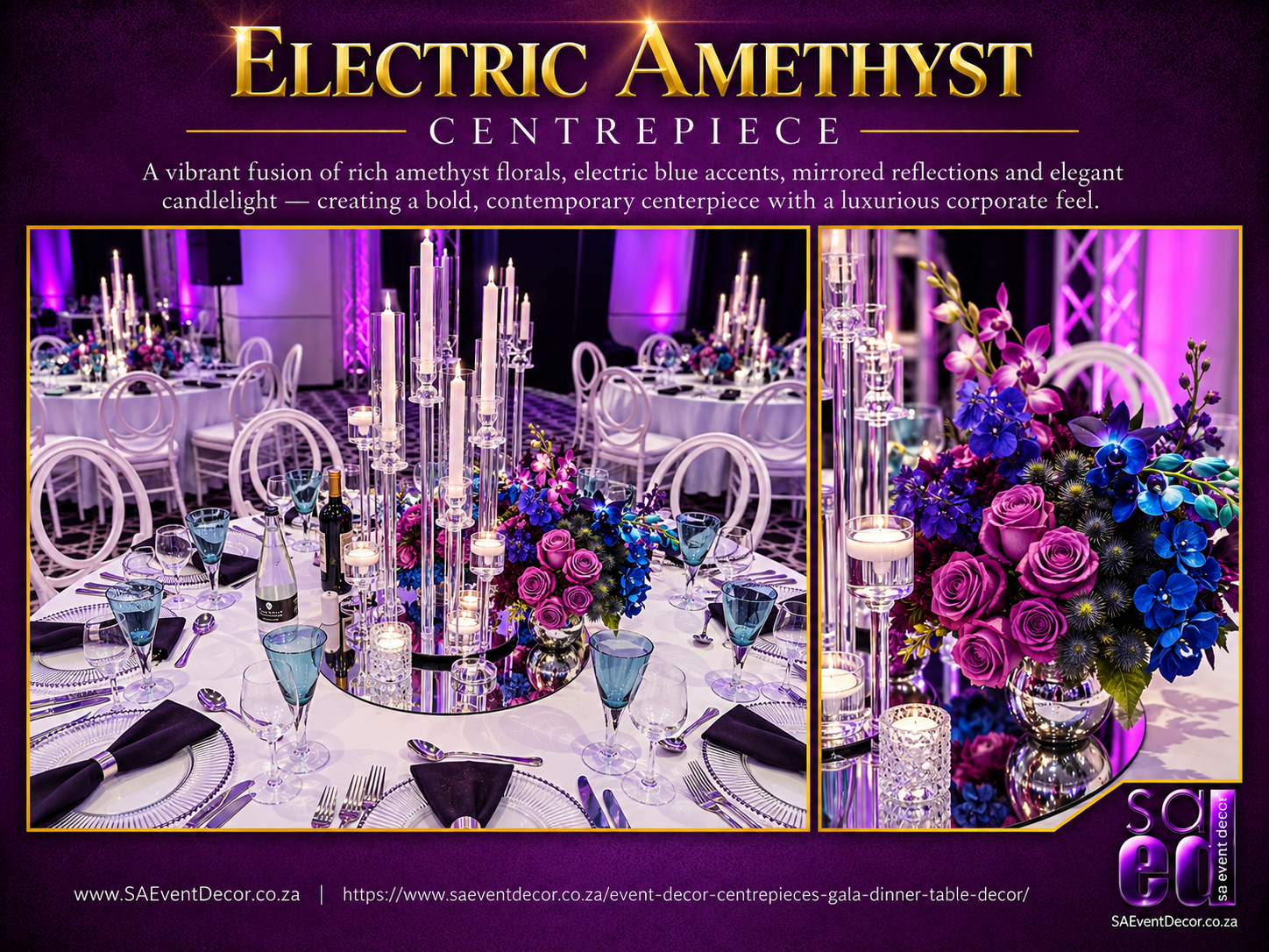 Event Decor Centrepieces & Gala Dinner Table Décor 17 Electric Amethyst Gala Centrepiece from SA Event Decor