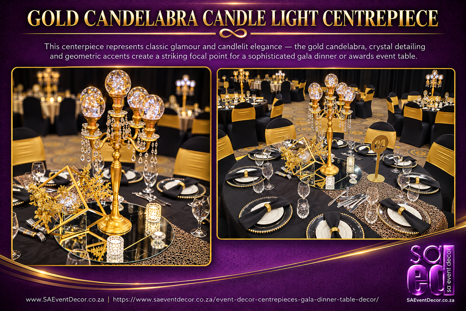 Event Decor Centrepieces & Gala Dinner Table Décor 20 Gold Candelabra Candle light Centrepiece from SA Event Decor
