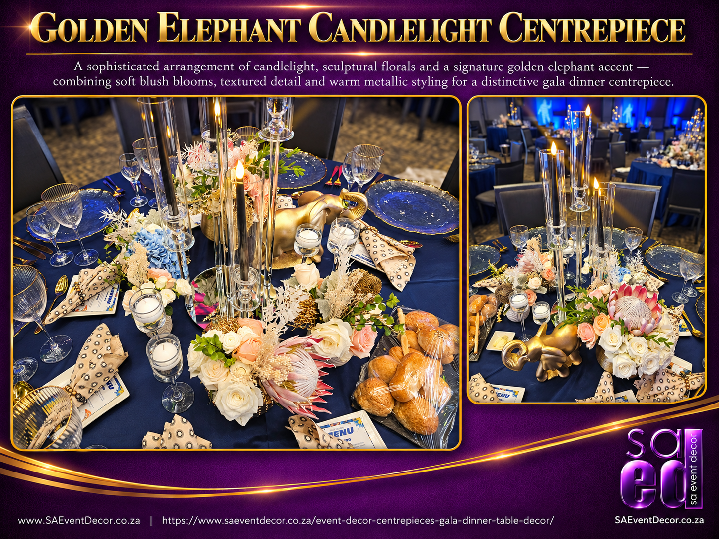 Event Decor Centrepieces & Gala Dinner Table Décor 15 Golden Elephant Candlelight Centrepiece By SA Event Decor