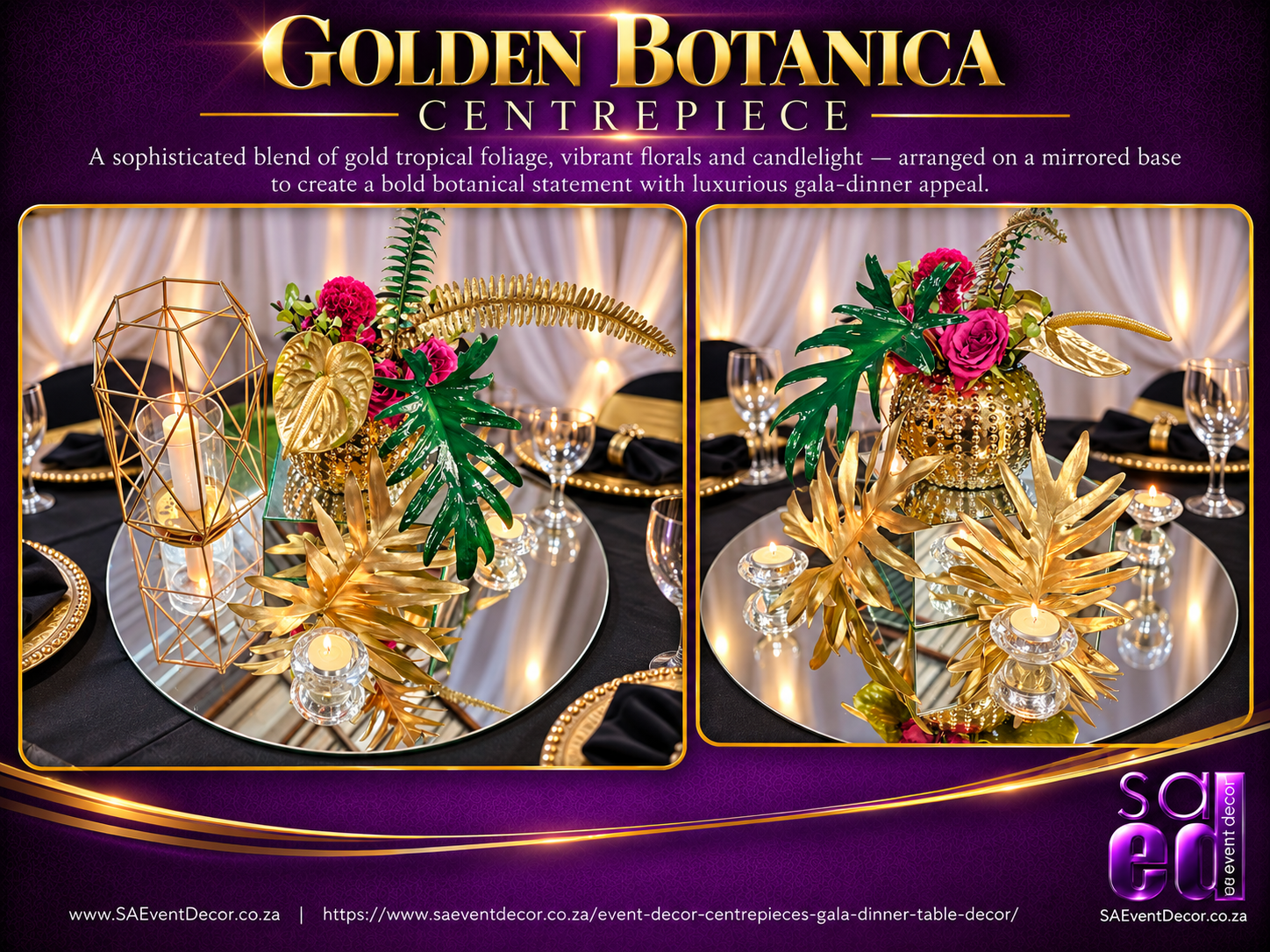 Event Decor Centrepieces & Gala Dinner Table Décor 34 Golden botanica Themed Event decor Centre piece from SA Event Decor