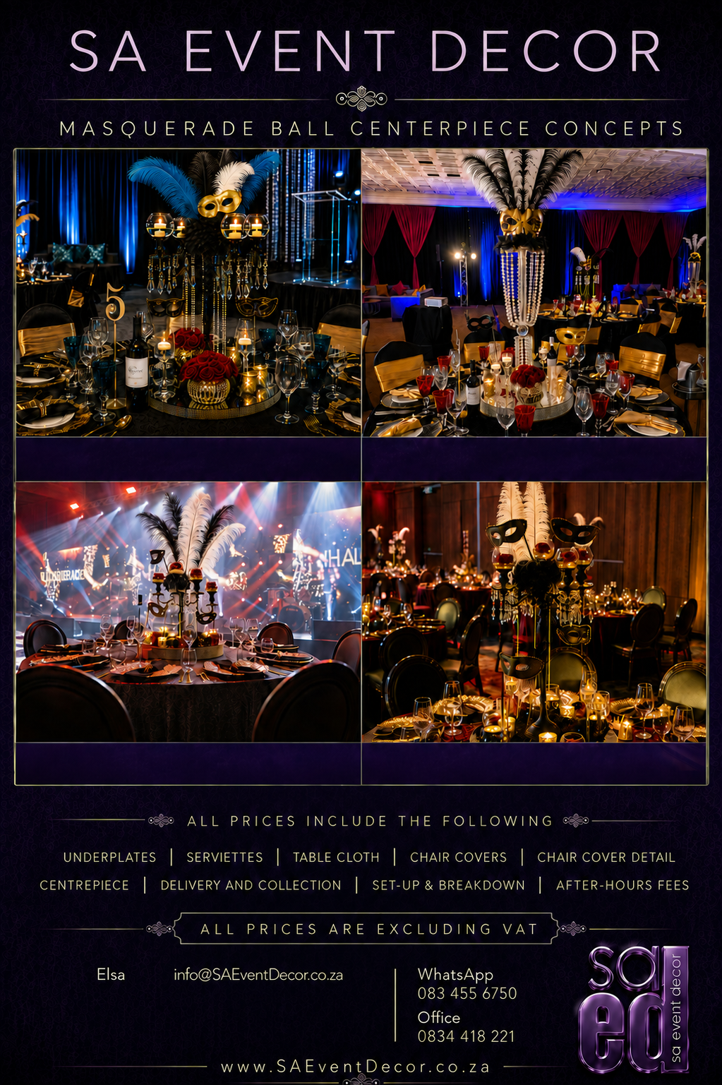 Masquerade Ball Centre pieces by SA Event Decor