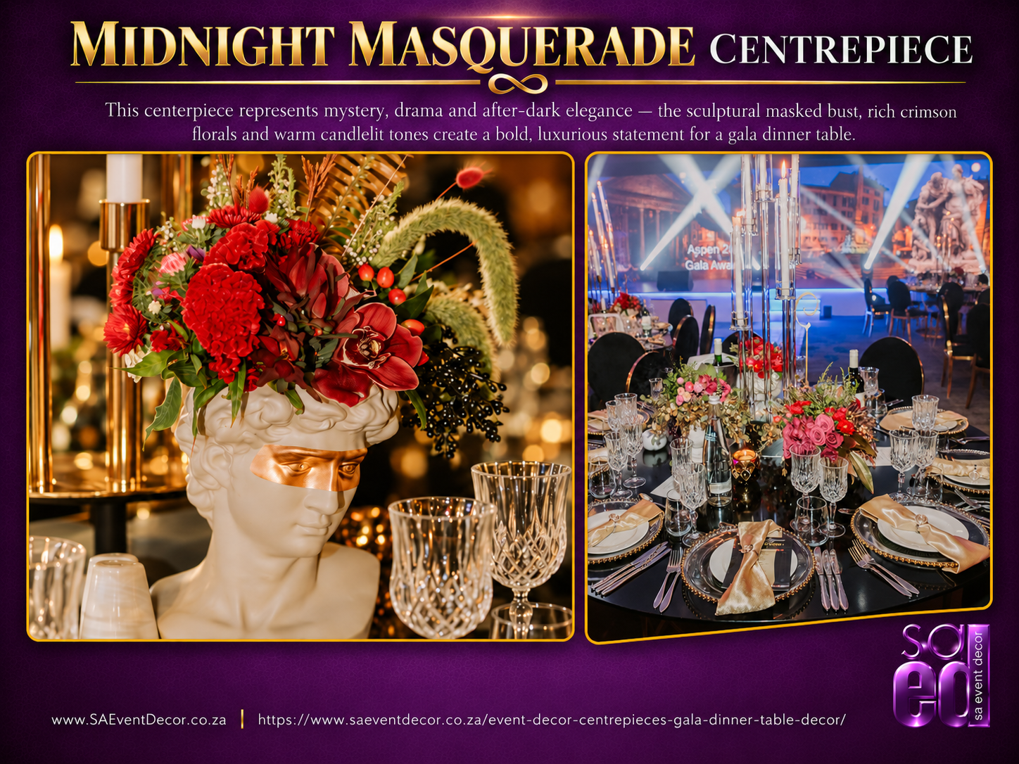 Event Decor Centrepieces & Gala Dinner Table Décor 39 Midnight Masquerade themed event decor centre piece from SA Event Decor