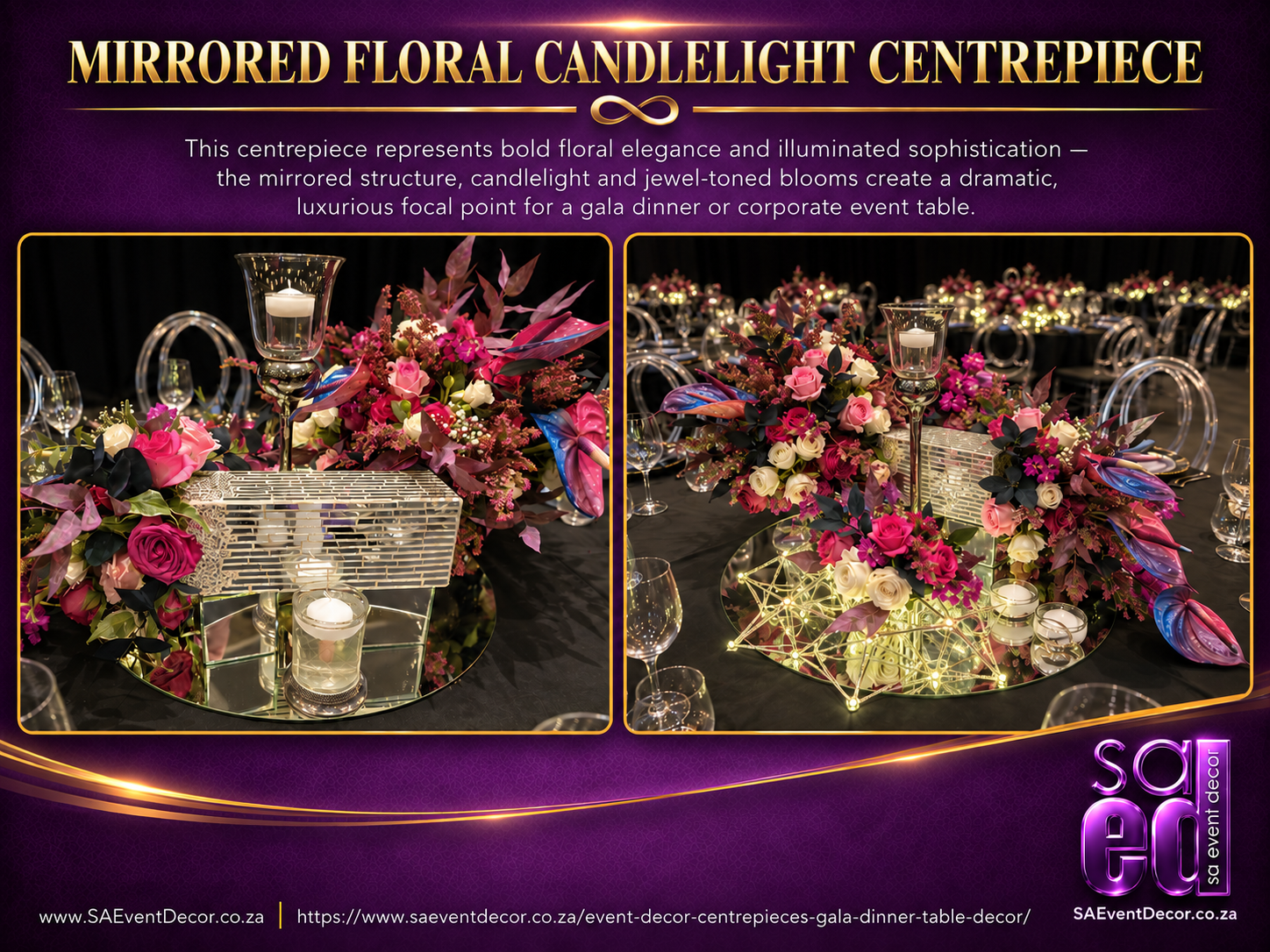 Event Decor Centrepieces & Gala Dinner Table Décor 41 Mirrored Floral Candlelight Centrepiece from SA Event Decor