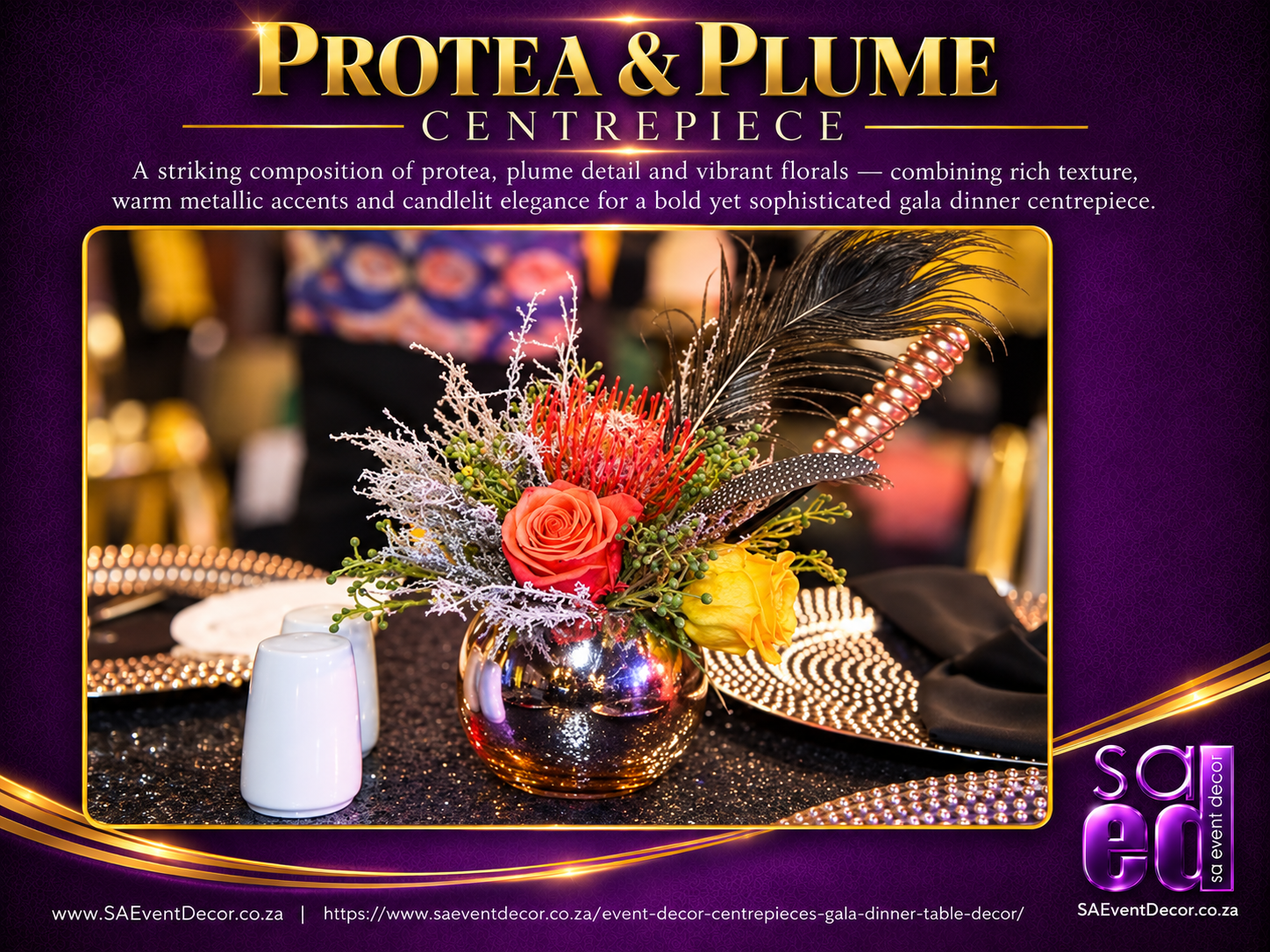 Event Decor Centrepieces & Gala Dinner Table Décor 14 Protea and Plume Centre Piece by SA Event Decor