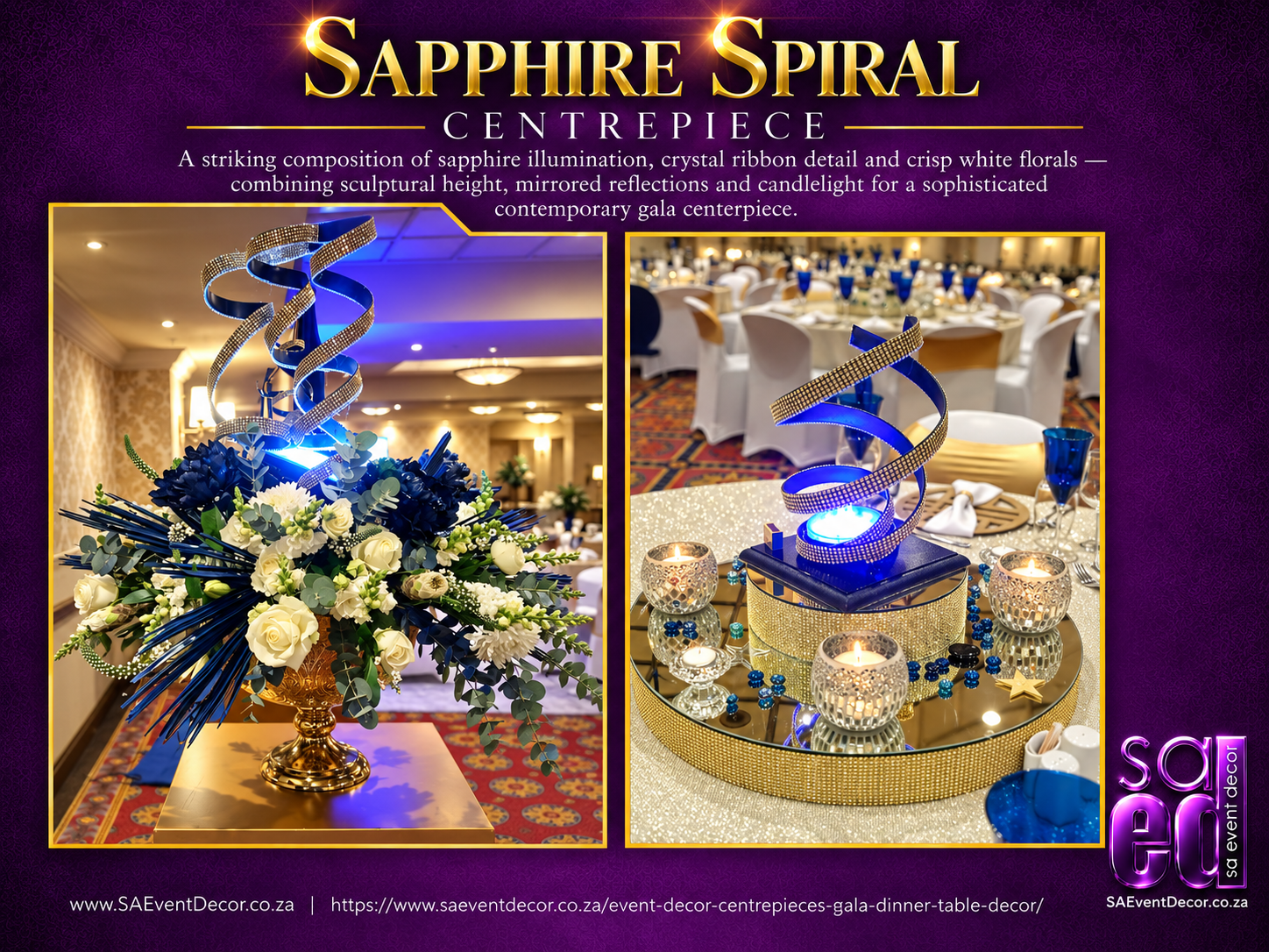 Event Decor Centrepieces & Gala Dinner Table Décor 16 Sapphire Spiral Centrepiece Themed event decor from SA Event Decor