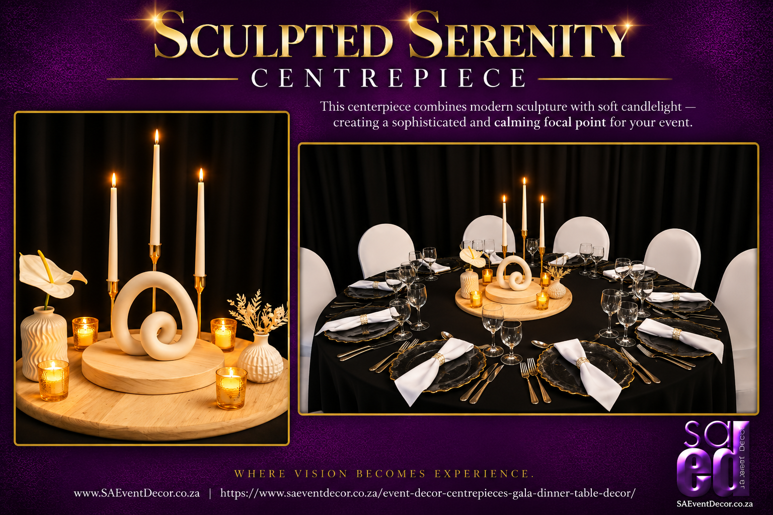 Event Decor Centrepieces & Gala Dinner Table Décor 6 Sculpted Serenity Centrepiece Showcase from SA Event Decor