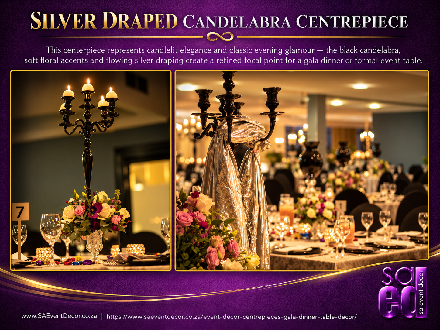 Event Decor Centrepieces & Gala Dinner Table Décor 40 Silver Draped Candelabra Elegance Centre piece by SA Event Decor