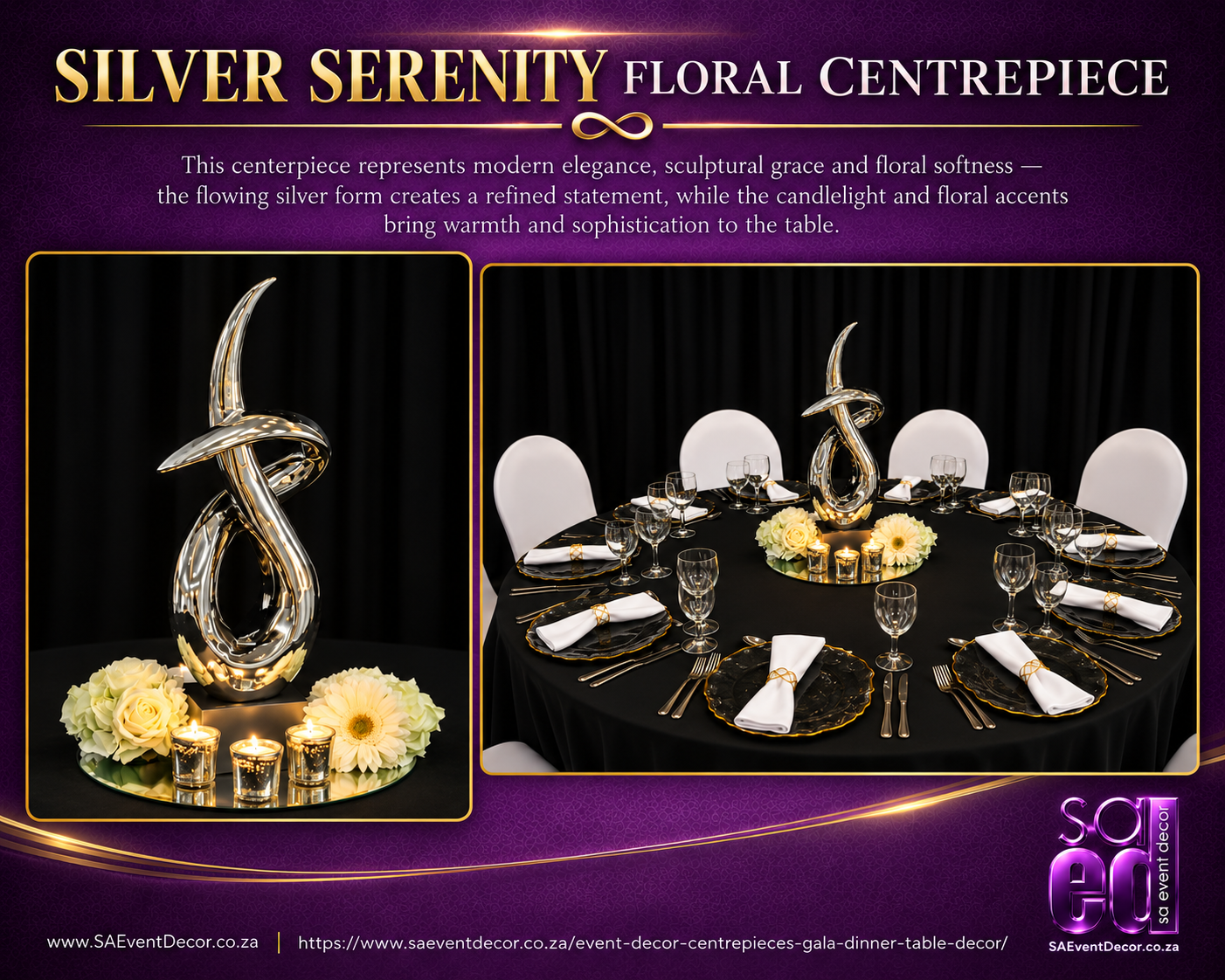 Event Decor Centrepieces & Gala Dinner Table Décor 27 Silver Serenity Floral Centrepiece by SA Event Decor