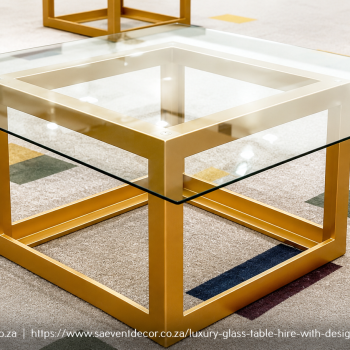 Luxury Glass Table Hire with Designer Gold Cube Frame 1