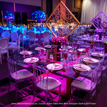 Luxury Glass Table Hire with Designer Gold Cube Frame 2