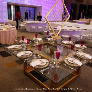 Luxury Glass Table Hire with Designer Gold Cube Frame 3