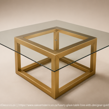 Luxury Glass Table Hire with Designer Gold Cube Frame 4