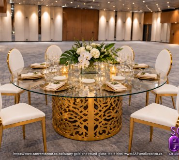 Designer Gold CNC Round Glass Table Hire 5 1493687324