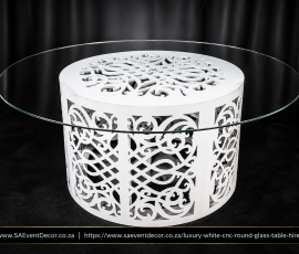 Luxury White CNC Round Glass Table Hire 2