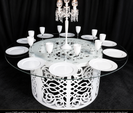 Luxury White CNC Round Glass Table Hire 3