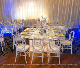 Luxury White CNC Square Glass Table Hire 3