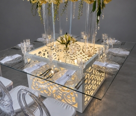 Luxury White CNC Square Glass Table Hire 2