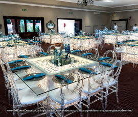 Luxury White CNC Square Glass Table Hire 5
