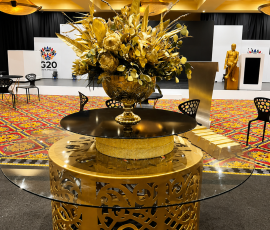Designer Gold CNC Round Glass Table Hire 2