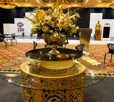 Designer Gold CNC Round Glass Table Hire 2 2965881251