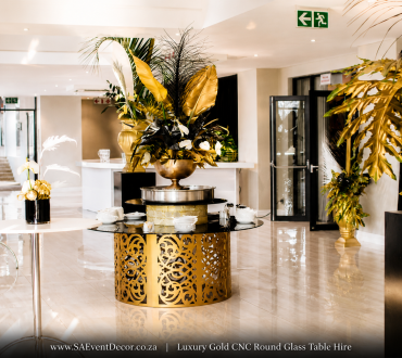 Designer Gold CNC Round Glass Table Hire 1 1489046439