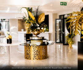 Designer Gold CNC Round Glass Table Hire 1