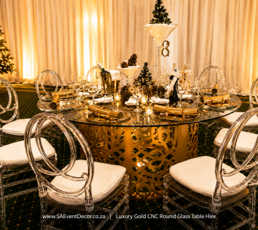Designer Gold CNC Round Glass Table Hire 3 1920227856