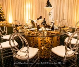Designer Gold CNC Round Glass Table Hire 3