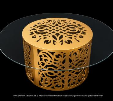 Designer Gold CNC Round Glass Table Hire 4 1180718253