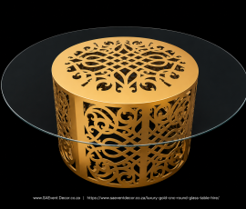 Designer Gold CNC Round Glass Table Hire 4