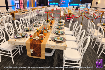 Event case studies Alexforbes awards gala banquet table backdrop by SA Event Decor