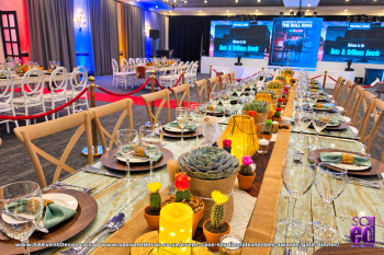 Event case studies Alexforbes awards gala banquet table backdrop by SA Event Decor