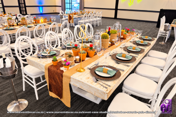 Event case studies Alexforbes awards gala dinner charger plates backdrop by SA Event Decor
